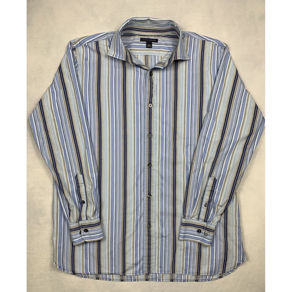 Banana Republic Shirt Mens Large Blue Tan Vertical Stripe Button Down 352949 L